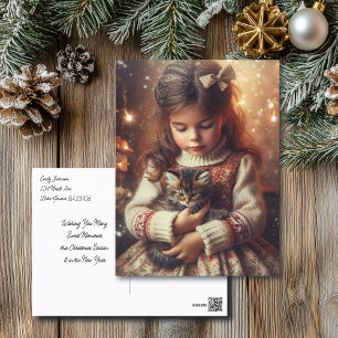 Carte Postale Sweet Little Girl and Kitten Christmas
