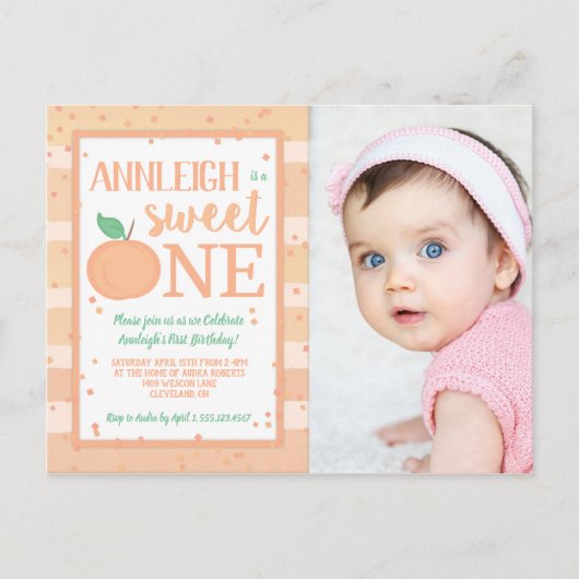Carte Postale Sweet One Peach Thème Filles 1er Anniversaire Invi (Devant)