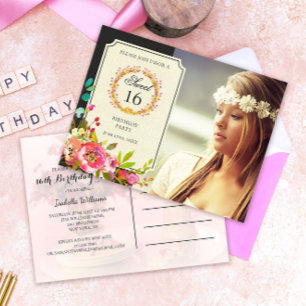 Carte Postale Sweet sixteen moderne Invitation Fleur d'anniversa