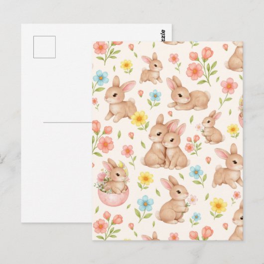 Carte Postale Sweet Spring Bunnies & Floral Garden Pattern (Devant / Derrière)