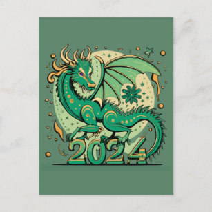 Carte Postale Symbole 2024 Nouvel An, Dragon de Bois Vert