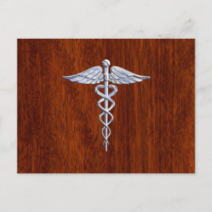 Carte Postale Symbole Médicale Silver Caduceus Décor en acajou
