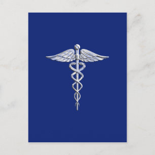 Carte Postale Symbole Médicale Silver Caduceus sur le Décor bleu