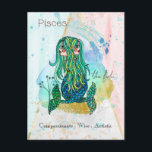 Carte Postale Symbole zodiaque Pisces Whimsical Girl Poisson sym<br><div class="desc">Une carte postale parfaite à utiliser lorsque vous avez une note ou un message de bienvenue à envoyer à quelqu'un que vous connaissez peut-être né sous le signe zodiaque de Pisces. Une aquarelle colorée avec quelques éclaboussures et des éclats d'or d'une silhouette féminine géante avec deux visages et deux contes...</div>