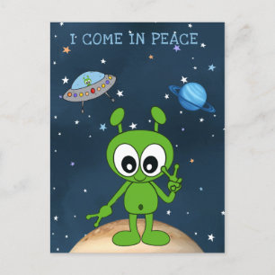 Carte Postale Sympa Alien Espace Cartoon Je Viens En Paix Signal