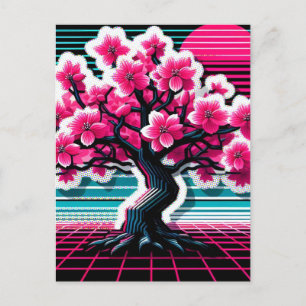 Carte Postale Synthwave de l'arbre de fleurs de cerisier 803