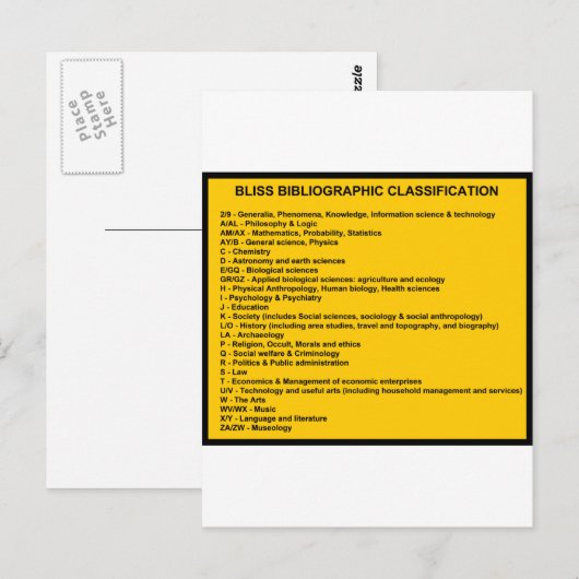 Carte Postale Système de classification bibliographique Bliss (Devant / Derrière)
