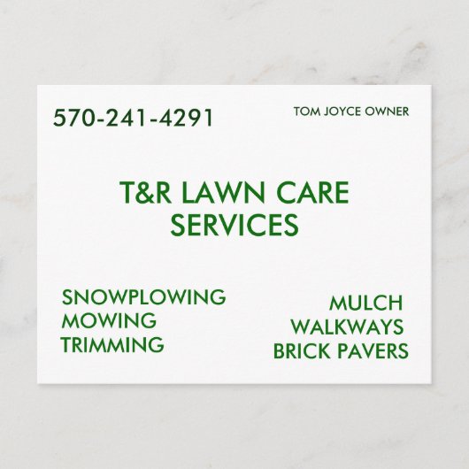 CARTE POSTALE T&R LAWN CARE, SERVICES, NEIGE, MOUILLAGE, T... (Devant)