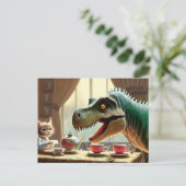 Carte Postale T-rex, chaton, fête du thé (Debout devant)