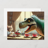 Carte Postale T-rex, chaton, fête du thé (Devant / Derrière)