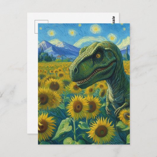Carte Postale T-Rex dans le champ de tournesol Van Gogh (Devant / Derrière)
