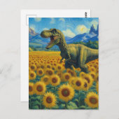 Carte Postale T-Rex dans le champ de tournesol Van Gogh Style (Devant / Derrière)