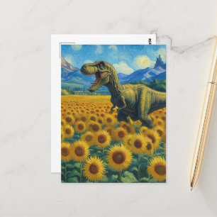 Carte Postale T-Rex dans un champ de tournesol
