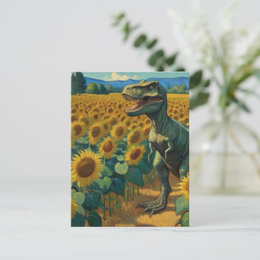 Carte Postale T-Rex Dino dans le champ de tournesol Van Gogh (Debout devant)
