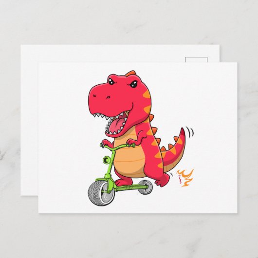 Carte Postale T-rex Dinosaur Monter Un Scooter Vert (Devant / Derrière)