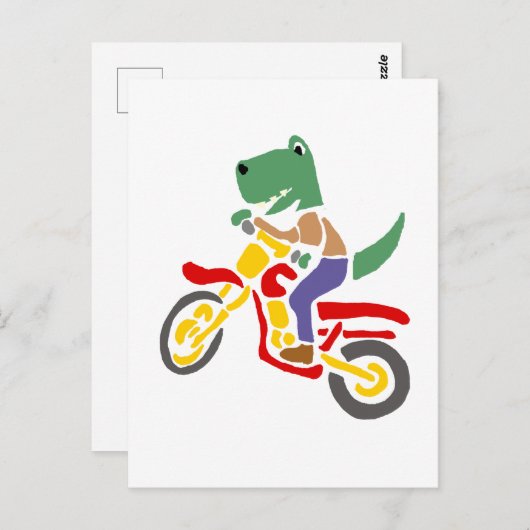 Carte Postale T-rex dinosaure drôle à moto tout terrain (Devant / Derrière)