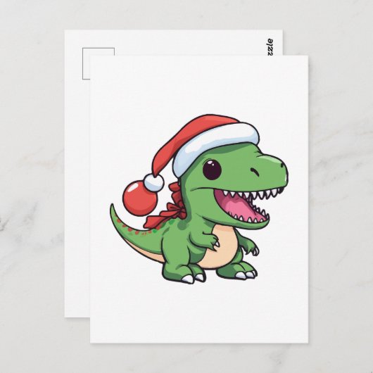 Carte Postale T-Rex Dinosaure Kawaii dans un Chapeau de Noël (Devant / Derrière)