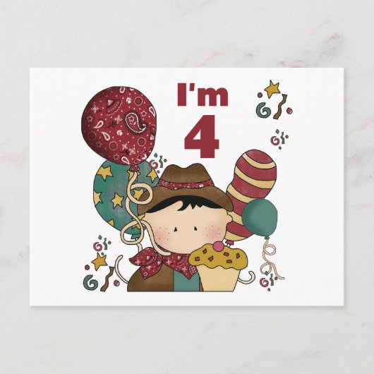 Carte Postale T-shirts et cadeaux Cowboy 4e anniversaire (Devant)