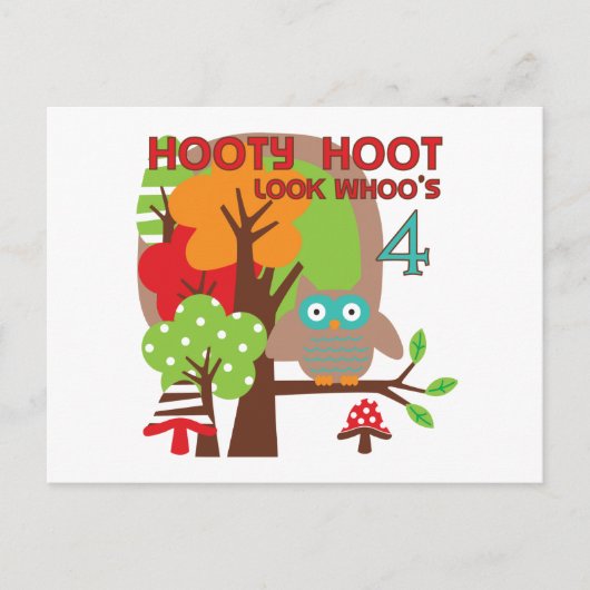 Carte Postale T-shirts et cadeaux Owl 4th Birthday (Devant)