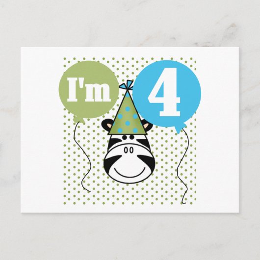 Carte Postale T-shirts et cadeaux Zebra 4e anniversaire (Devant)