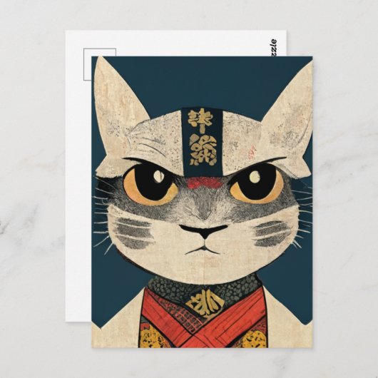 Carte Postale Tabby Chat comme Nobunaga Oga Mur en bois japonais (Devant / Derrière)
