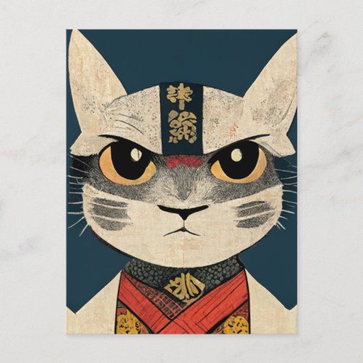 Carte Postale Tabby Chat comme Nobunaga Oga Mur en bois japonais (Devant)