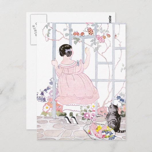 Carte Postale Tabby Chat et Fille de Trellis avec Vin Flower (Devant / Derrière)