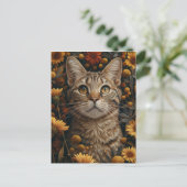 Carte Postale Tabby Gris Chat en automne Fleurs Jardin (Debout devant)