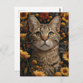 Carte Postale Tabby Gris Chat en automne Fleurs Jardin (Devant / Derrière)