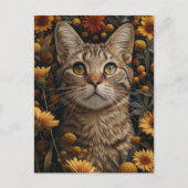 Carte Postale Tabby Gris Chat en automne Fleurs Jardin (Devant)