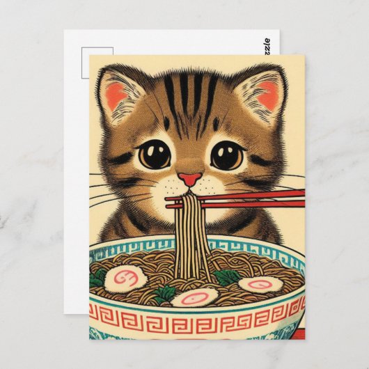Carte Postale Tabby Kitten Manger Ramen Bois Imprimer (Devant / Derrière)