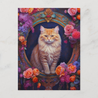 Carte Postale Tabby orange avec joaillerie et fleurs