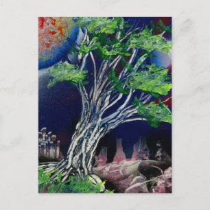 Carte Postale Tableau Arbre avec ville bleue et soleil orange