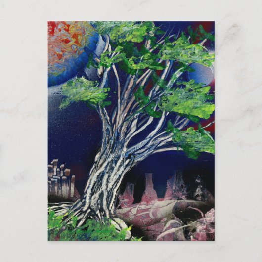 Carte Postale Tableau Arbre avec ville bleue et soleil orange (Devant)