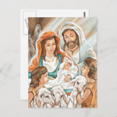 Carte Postale Tableau de la Nativité avec petits Bergers (Devant / Derrière)