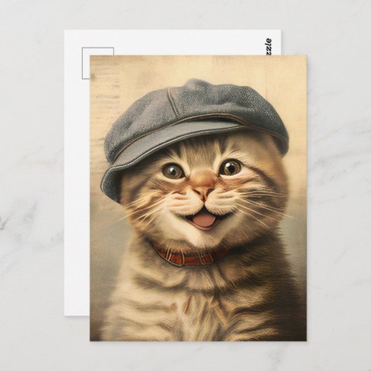 Carte Postale Tableau vintage Tabby Chat (Devant / Derrière)