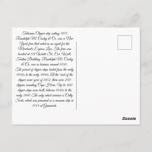 Carte Postale Talisman Clipper voilier 1855 (Dos)