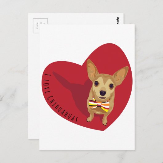 Carte Postale Tan Chihuahua avec cravate arc dans un coeur rouge (Devant / Derrière)