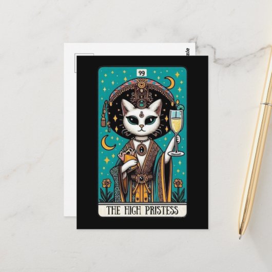 Carte postale Tarot Chat Haute Prêtesse (Devant/Arrière en situation)
