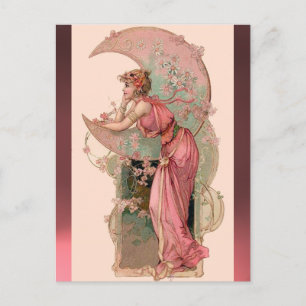 CARTE POSTALE TAROTS / LADY DE LA LUNE AVEC FLEURS EN ROSE