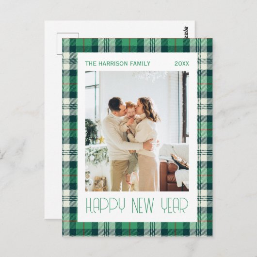 Carte Postale Tartan Vert Joué Bonne Année Photo (Devant / Derrière)