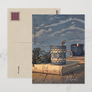 Carte Postale Tasse à café vintage livre bougie ciel bleu nuages