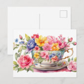 Carte Postale Tasse à thé à l'aquarelle avec de belles fleurs (Devant / Derrière)