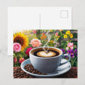 Carte Postale Tasse de café du matin et beau jardin floral  (Devant / Derrière)