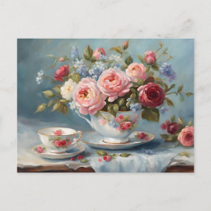 Carte Postale Tasse de thé avec de belles fleurs