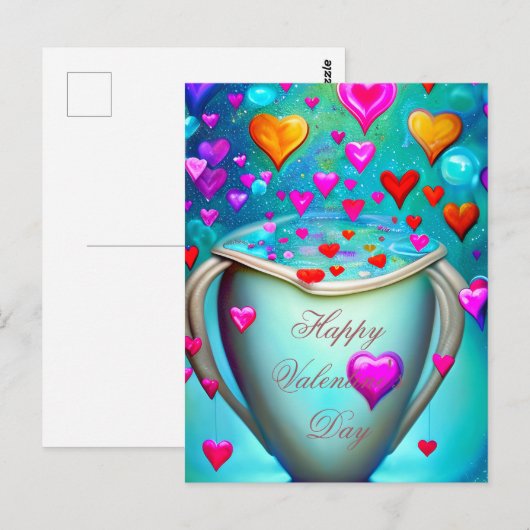 Carte Postale Tasse éclatant de valentin à coeurs (Devant / Derrière)