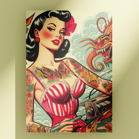 Carte Postale Tatouage Old School Pin-up