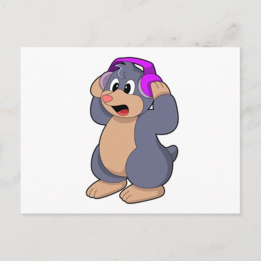 Carte Postale Taupe à la musique avec casque audio (Devant)