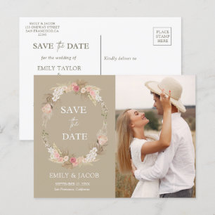 Carte Postale Taupe Boho couronne florale Enregistrer la date
