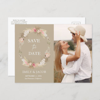 Carte Postale Taupe Boho couronne florale Enregistrer la date